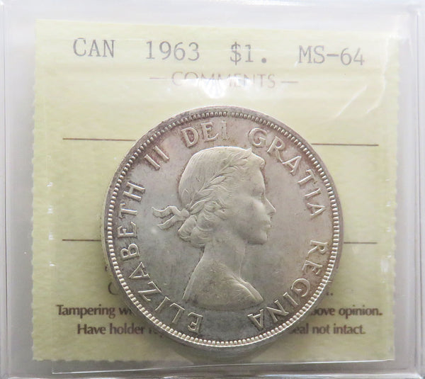 1963 Canadian Silver Dollar $1 in ICCS MS-64